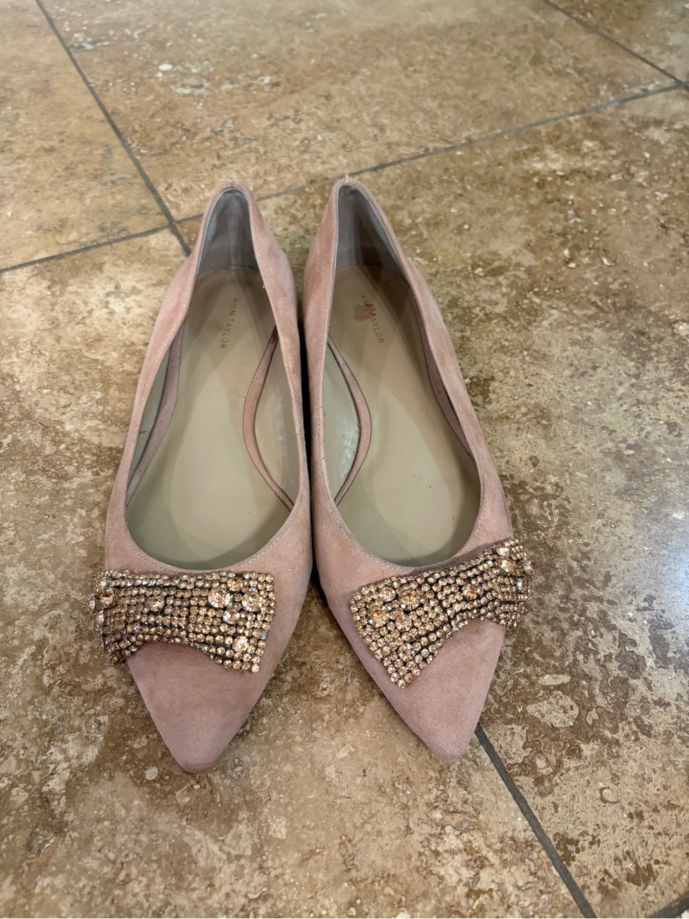 Ann Taylor Blush Pink Pointed-Toe Flats with Crystal Bow